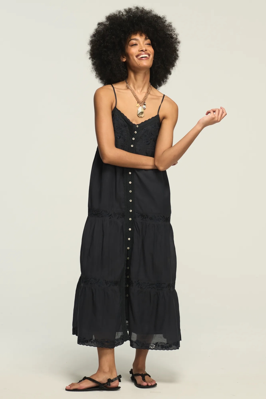 EMBROIDERED TIERED BUTTON THROUGH MIDI DRESS — INDIA INK — image 5