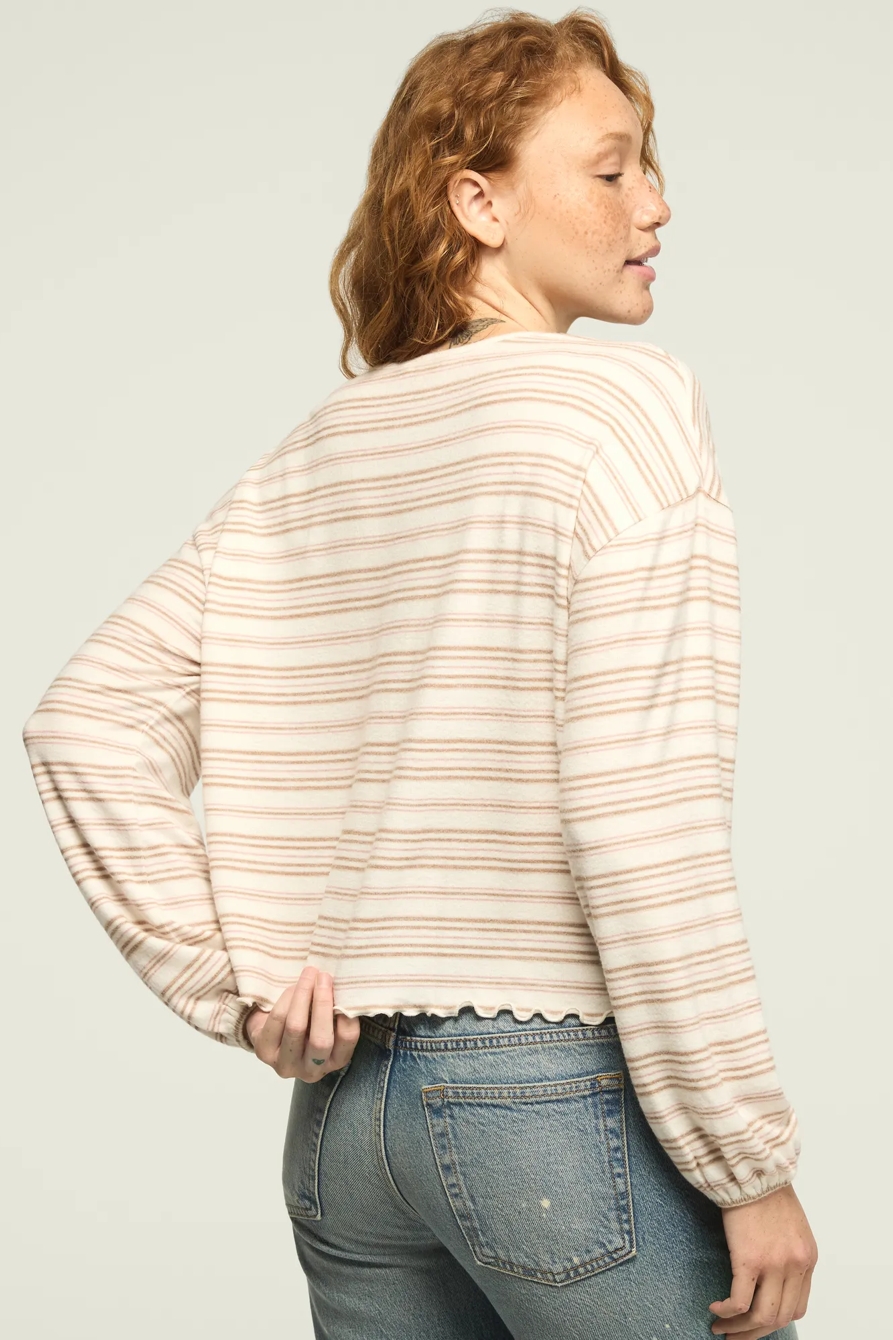 CLOUD LETTUCE HEM V NECK TOP — CREAM STRIPE — image 3