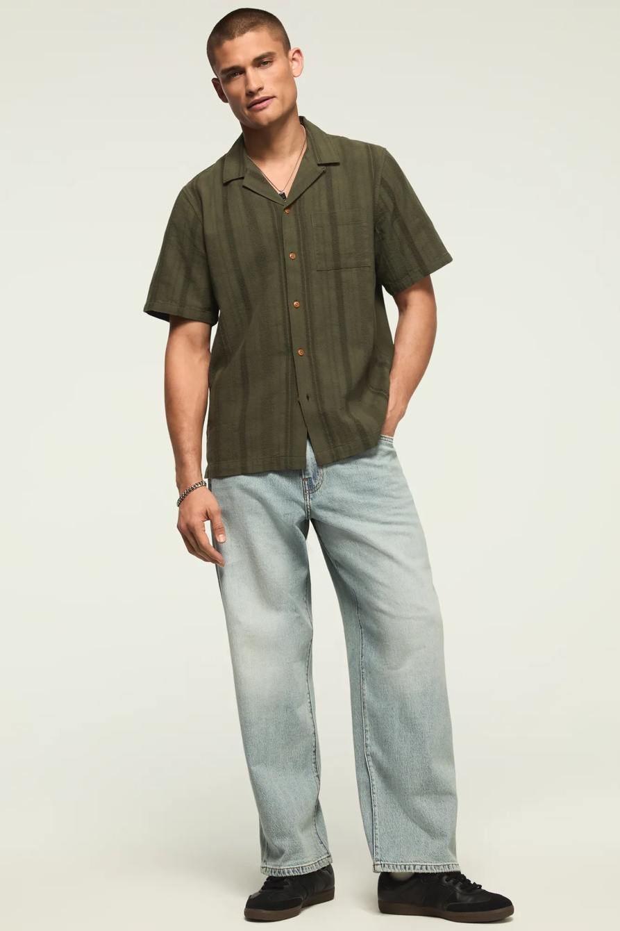 SHORT SLEEVE TEXTURED CAMP COLLAR SHIRT — OLIVE — image 6