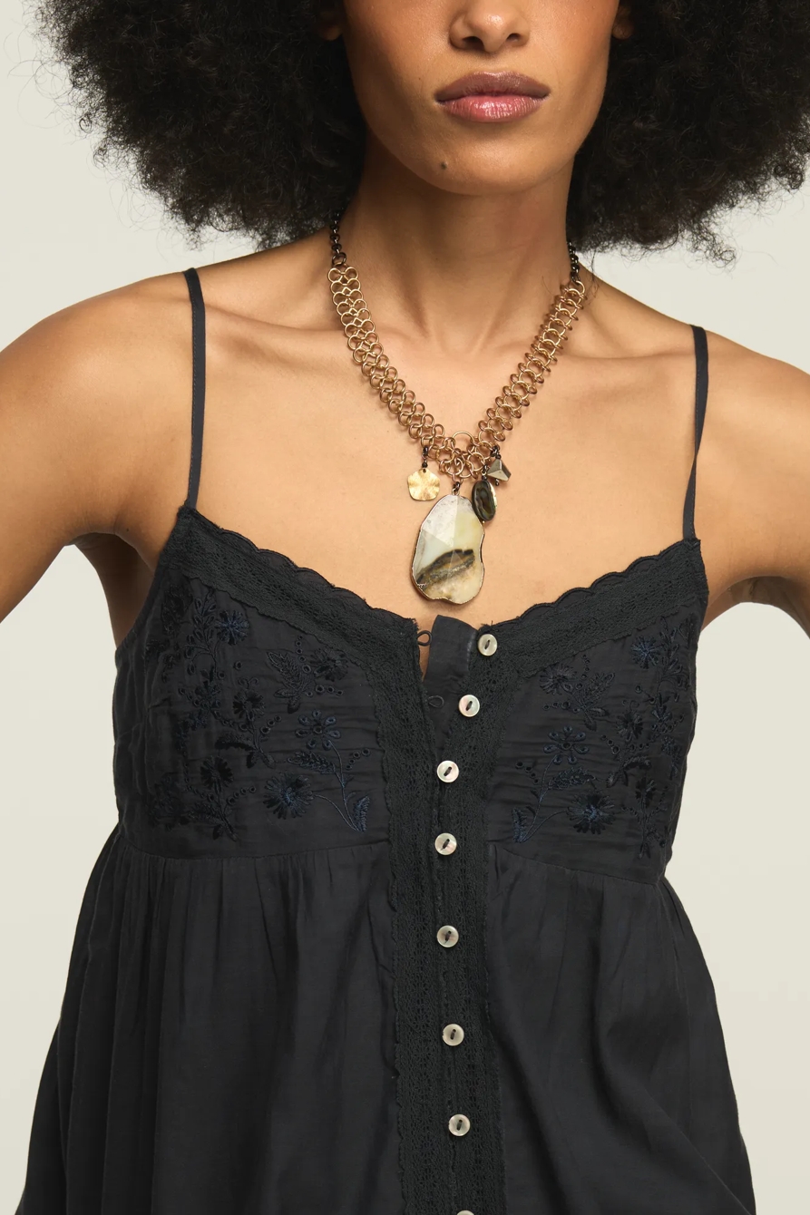 EMBROIDERED TIERED BUTTON THROUGH MIDI DRESS — INDIA INK — image 2