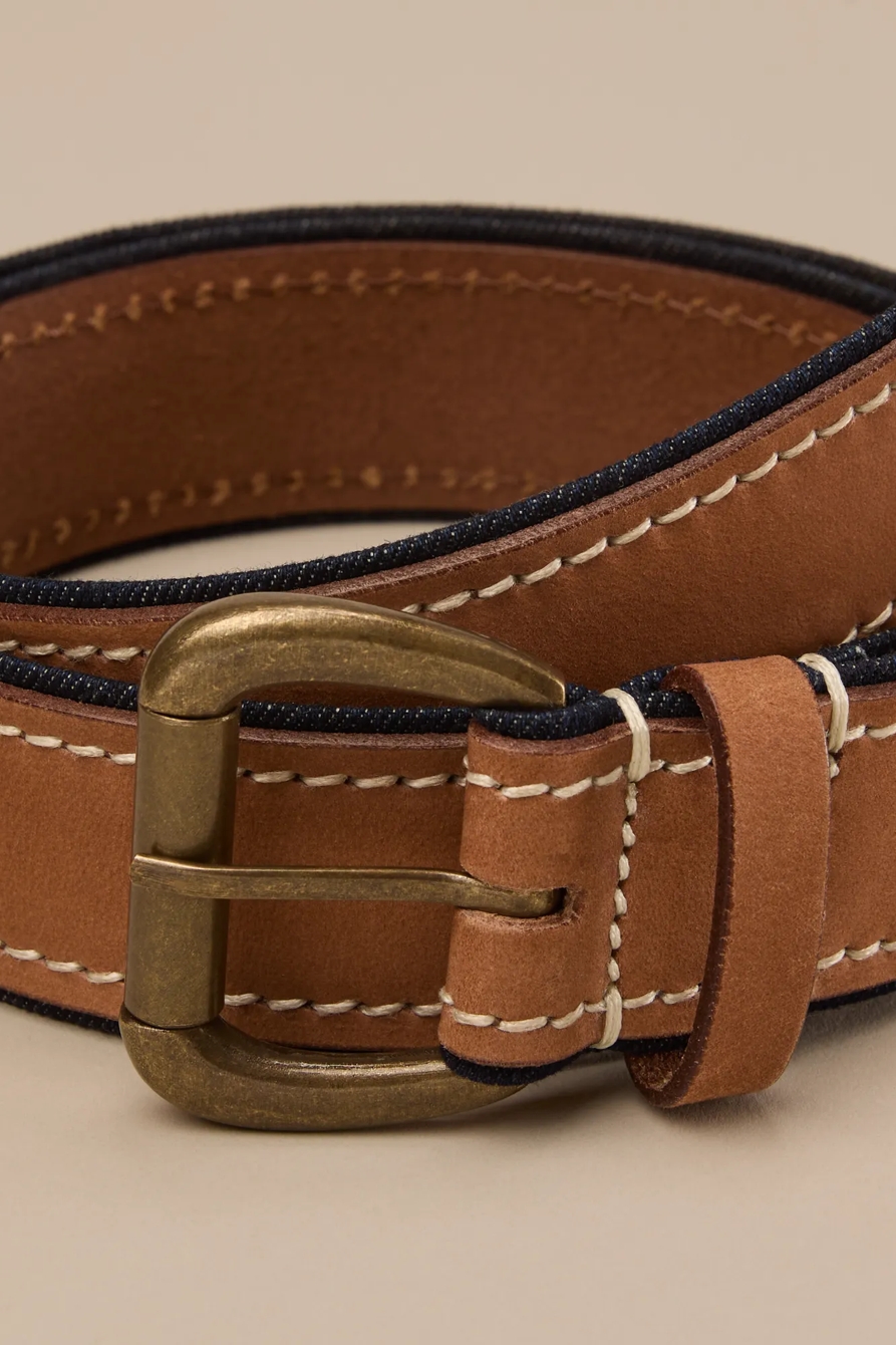 MEN'S LEATHER AND DENIM DETAIL BELT — MEDIUM BROWN — image 3