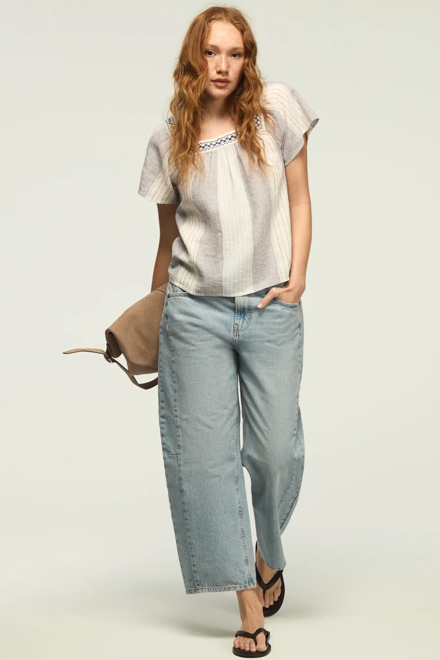 SQUARE NECK STRIPED EMBROIDERED TOP — BLUE STRIPE — image 2