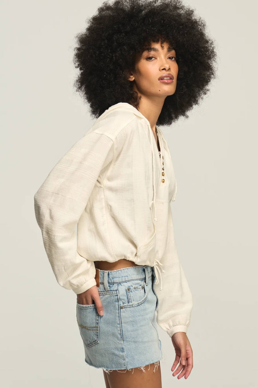 CINCHED WAIST NOVELTY HENLEY HOODIE — TOFU — image 4