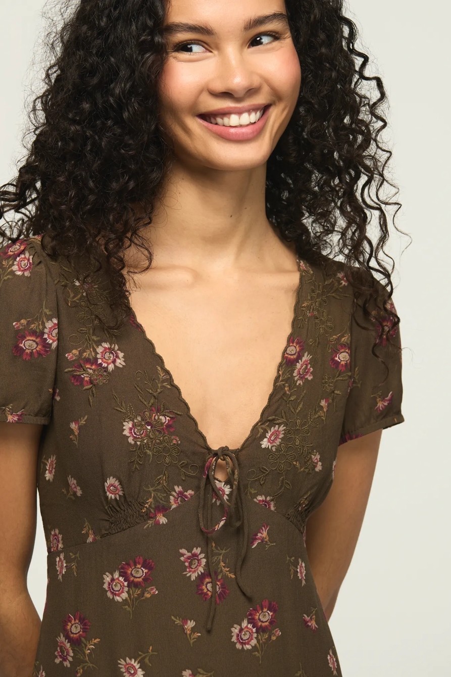 EMBROIDERED SHORT SLEEVE SIMONE MIDI DRESS — OLIVE FLORAL — image 2