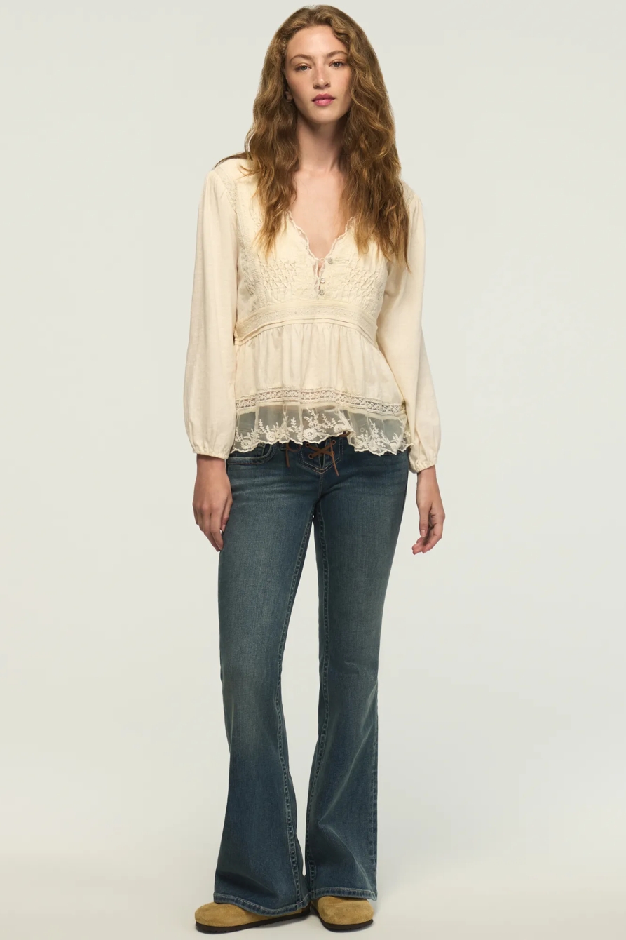 EMBROIDERED YOKE TIERED KNIT TOP — WHISPER WHITE — image 2