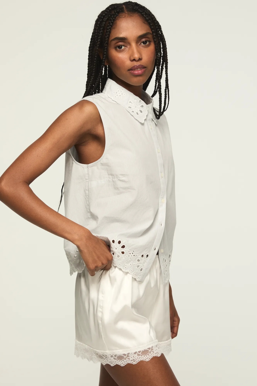 SLEEVELESS EYELET BUTTONDOWN — #1643 LIGHT SEASHELL — image 4