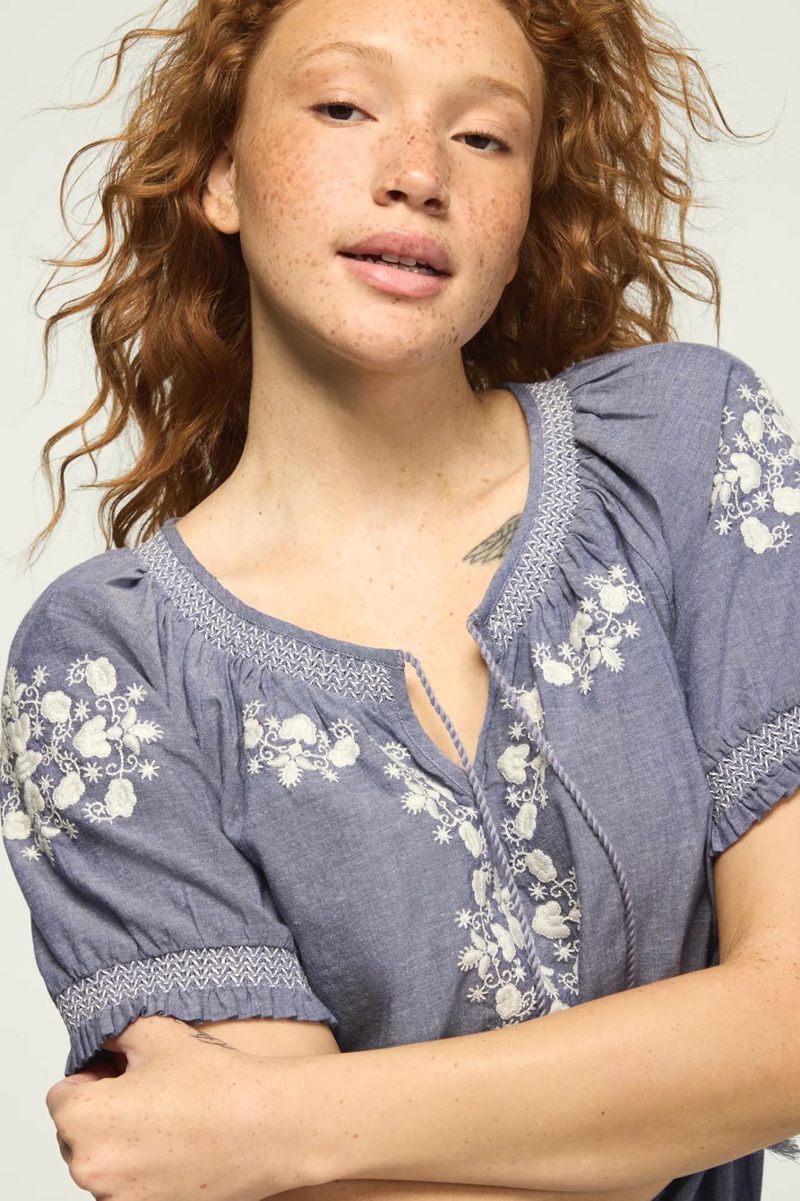 EMBROIDERED SHORT SLEEVE BUBBLE TOP — NAVY — image 2