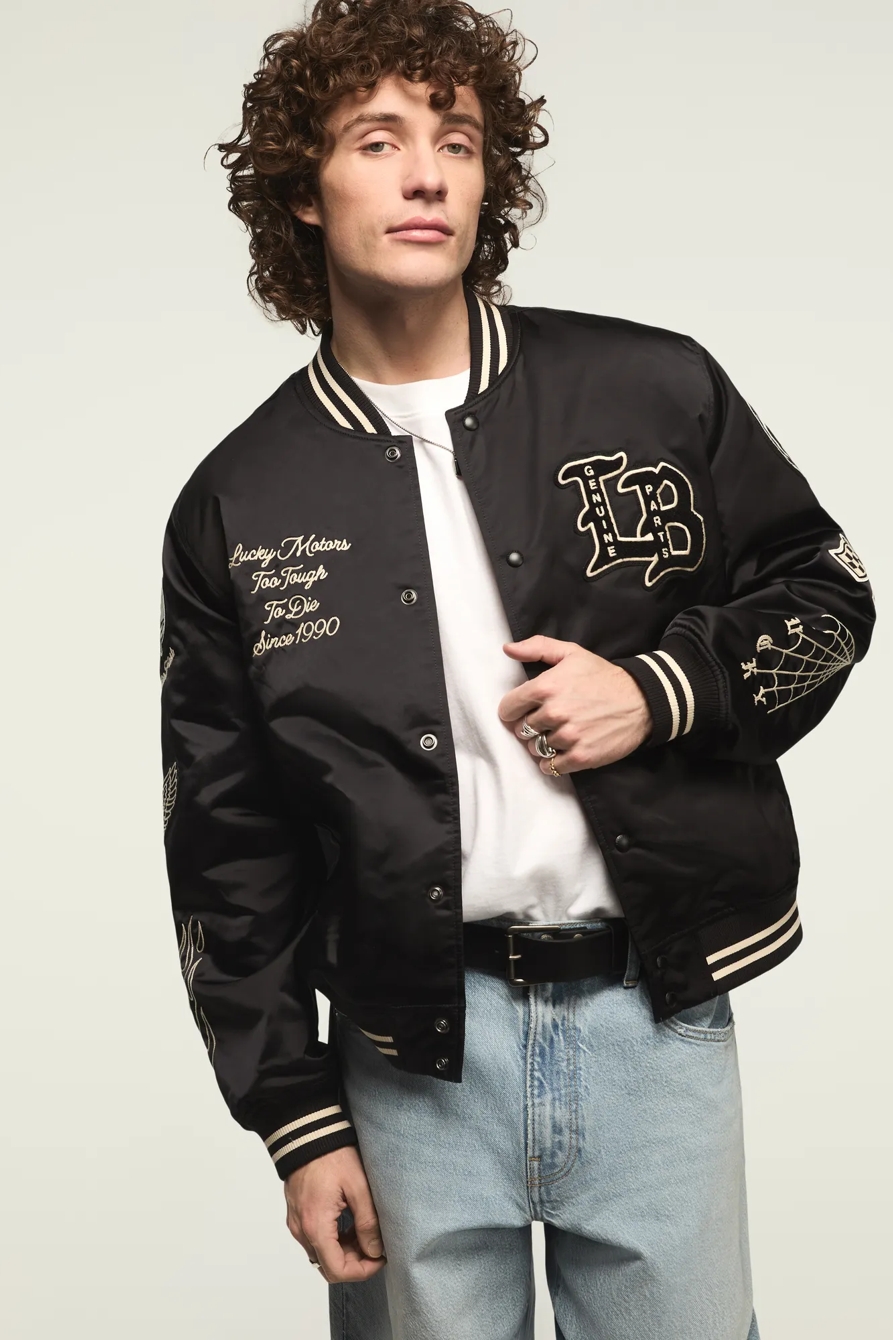 LUCKY SATIN VARSITY JACKET — JET BLACK — image 1