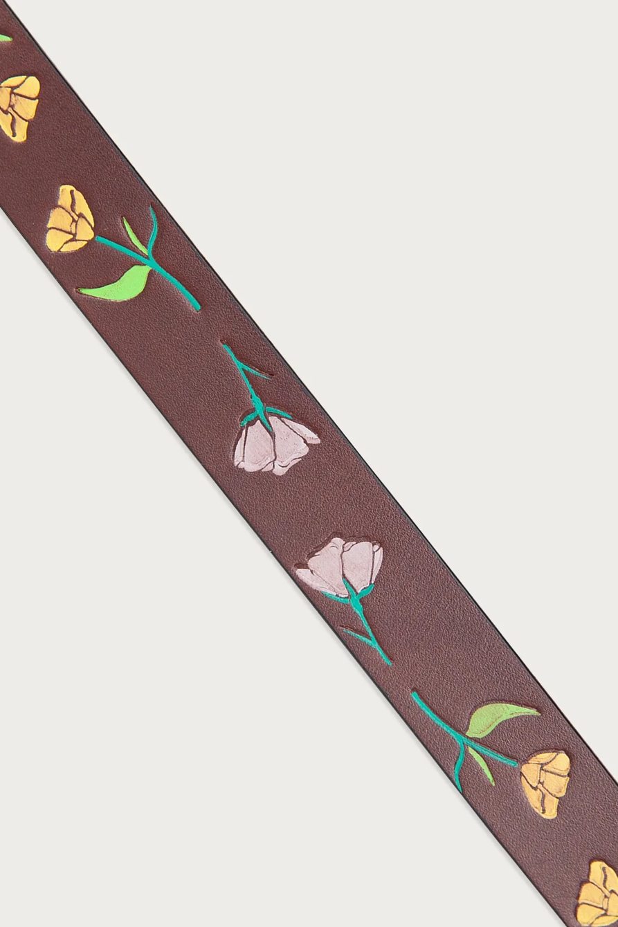 SKINNY LEATHER JEAN BELT WITH FLORAL EMBOSSED AND HANDPAINT — DARK BROWN — image 2