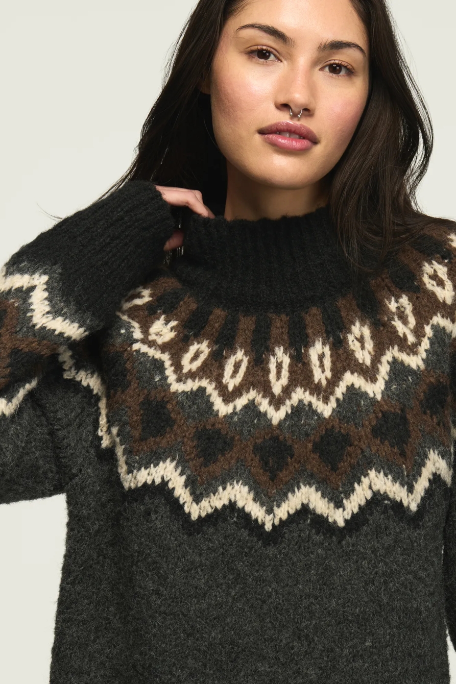 Fair Isle Mock Neck Sweater — CHARCOAL HEATHER GREY — image 5