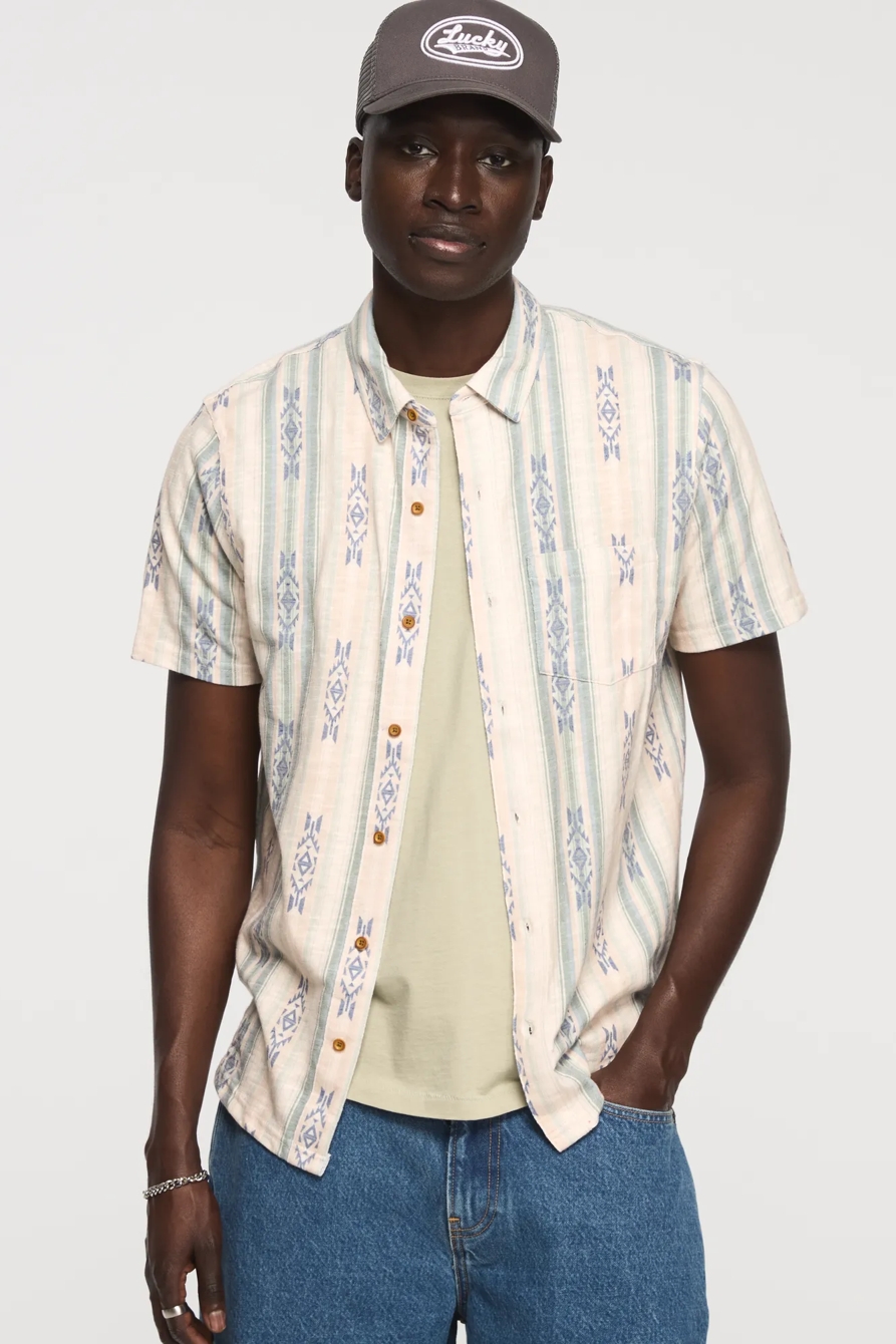 STRIPED LINEN SHORT SLEEVE BUTTON UP SHIRT — GREEN MULTI — image 1