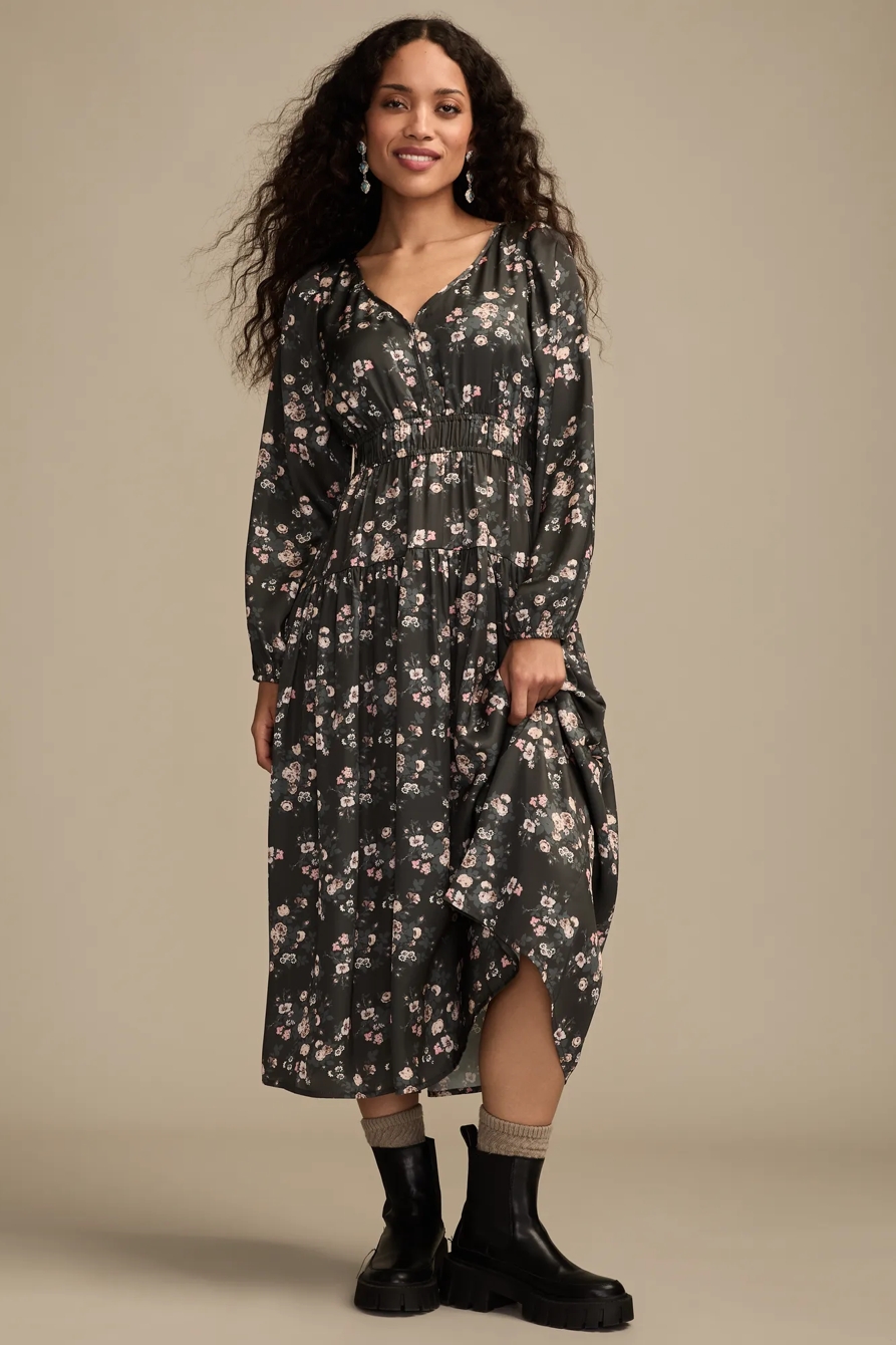 LONG SLEEVE FLORAL MIDI DRESS — WASHED BLACK FLORAL — image 1