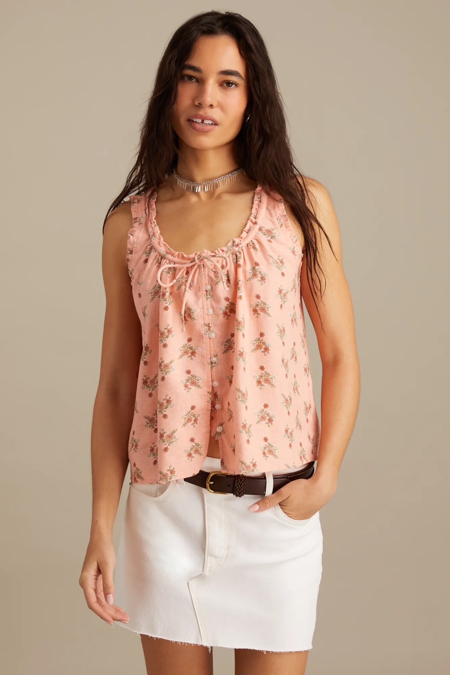 FLORAL PLEATED SHELL TANK — PEACH MULTI FLORAL — image 1