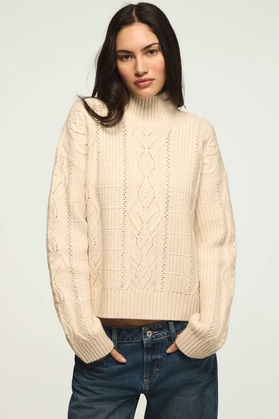OPEN CABLE MOCK NECK SWEATER — WHITECAP GRAY — image 1