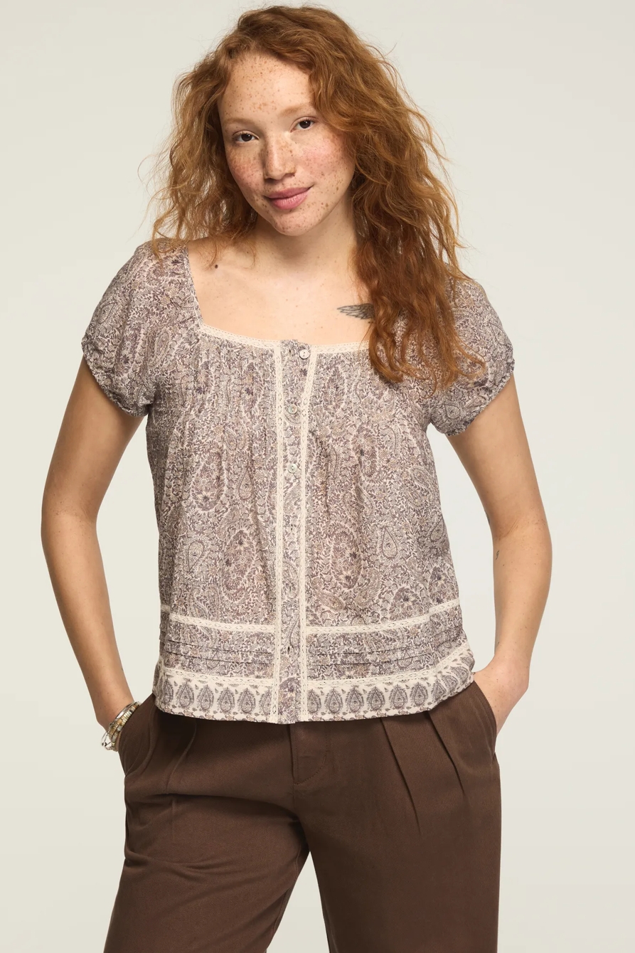 CAP SLEEVE LACE PEASANT TOP — BEIGE PAISLEY BORDER — image 1