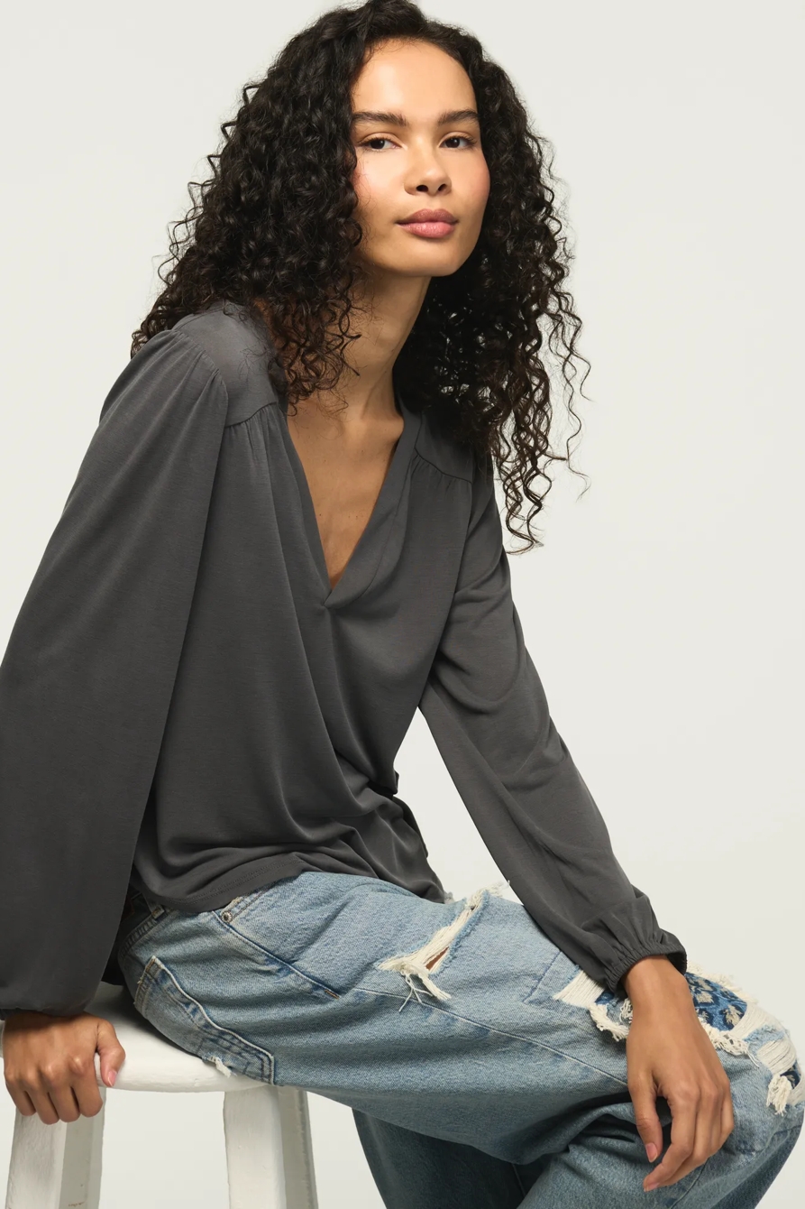 SANDWASH LONG SLEEVE V NECK TOP — BLACKENED PEARL — image 2