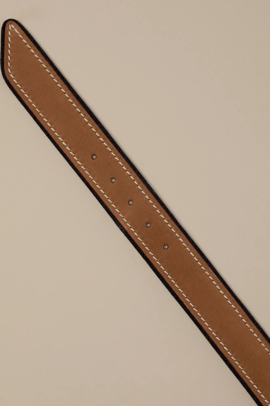 MEN'S LEATHER AND DENIM DETAIL BELT — MEDIUM BROWN — image 2
