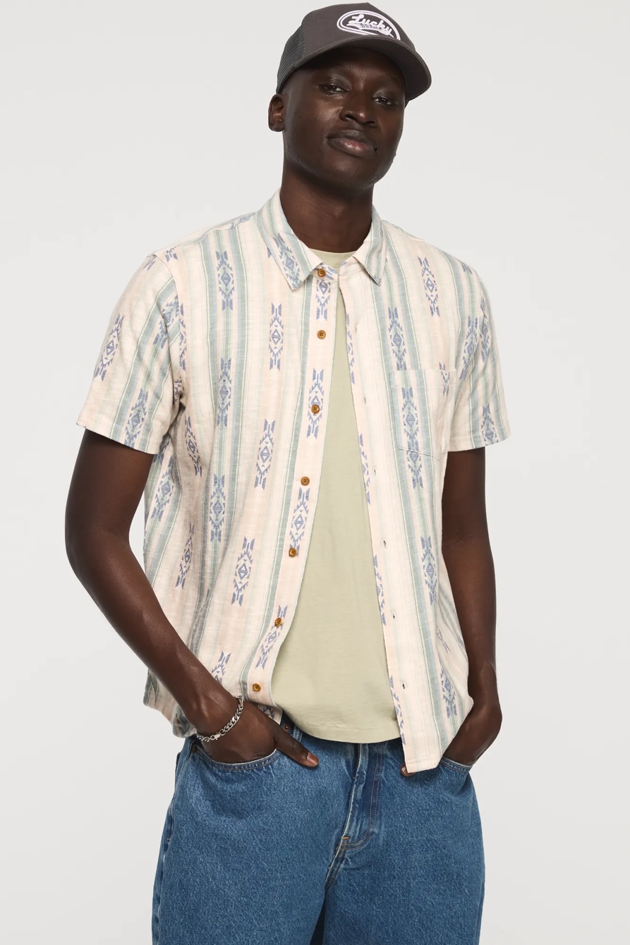 STRIPED LINEN SHORT SLEEVE BUTTON UP SHIRT — GREEN MULTI — image 5