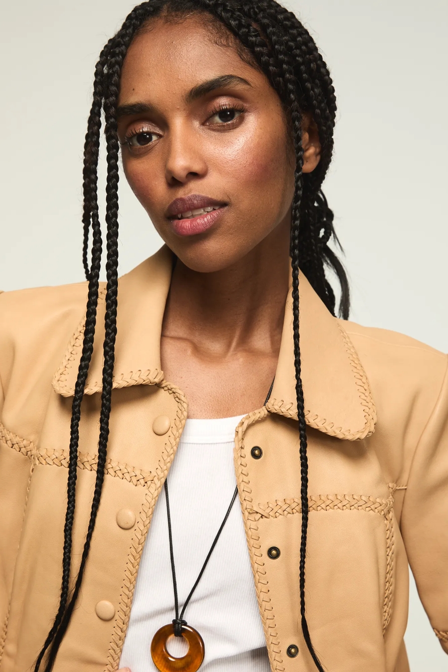 FESTIVAL BRAIDED SEAMED LEATHER JACKET — TAN — image 2