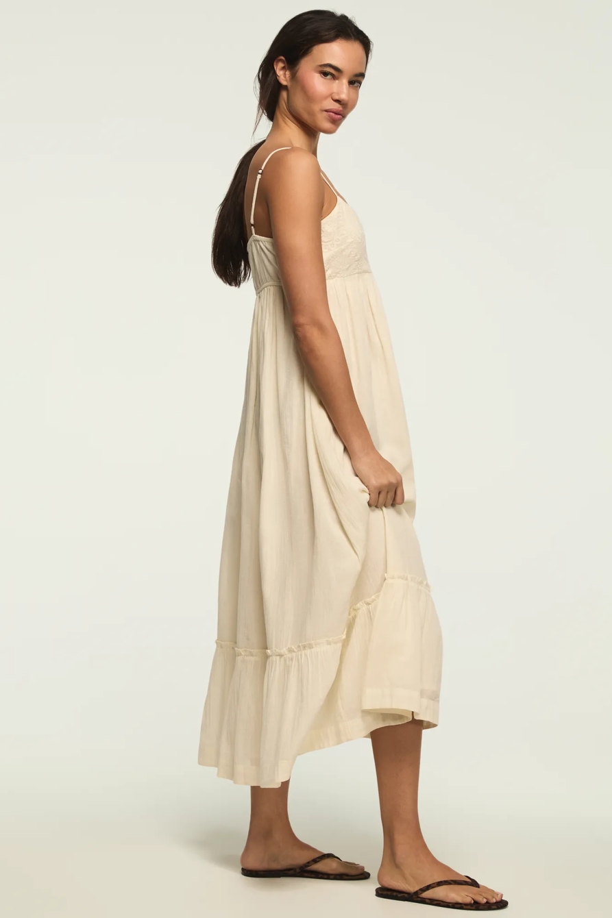 EMBROIDERED HENLEY MIDI DRESS — CREAM — image 4