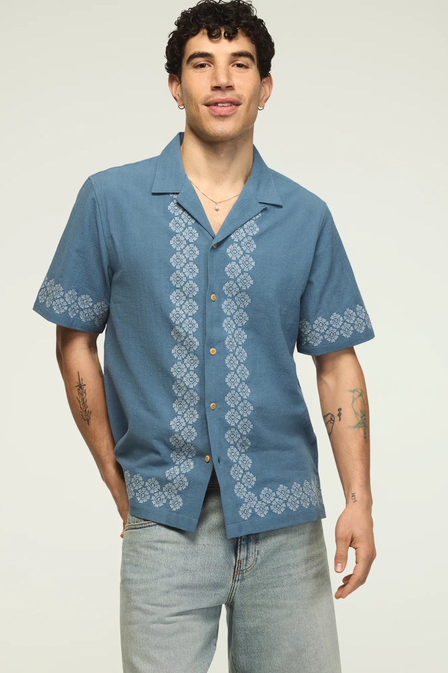 SHORT SLEEVE EMBROIDERED CAMP COLLAR SHIRT — CAPTAIN'S BLUE — image 1