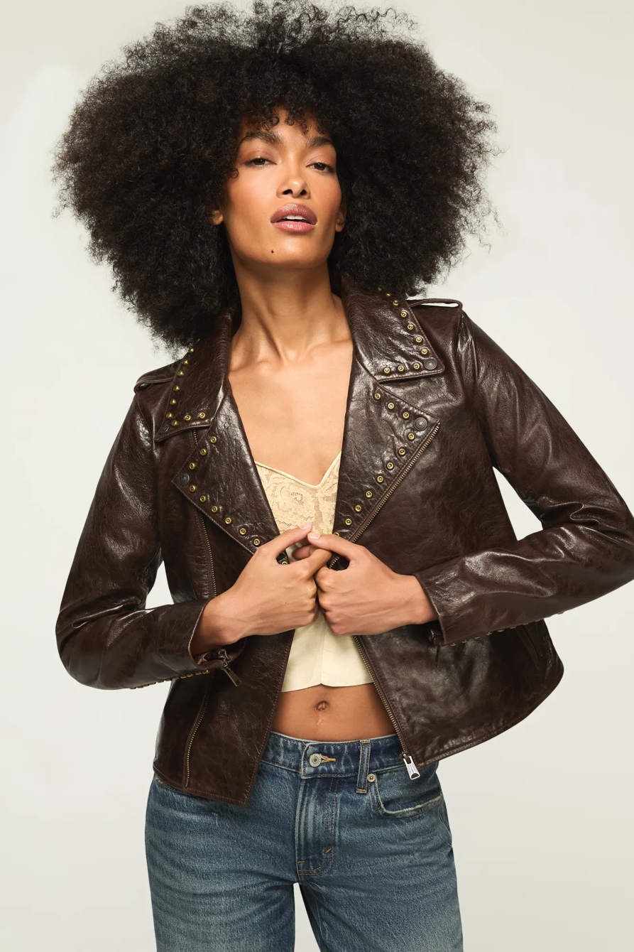 STUDDED MOTO LEATHER JACKET — CHICORY COFFEE — image 5
