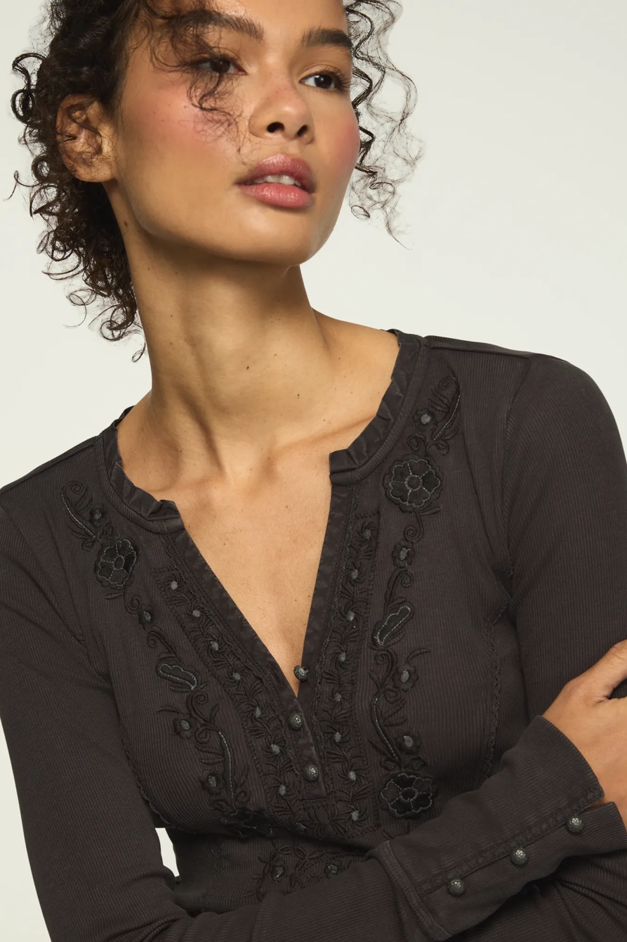 Embroidered V Neck Henley — Raven — image 5