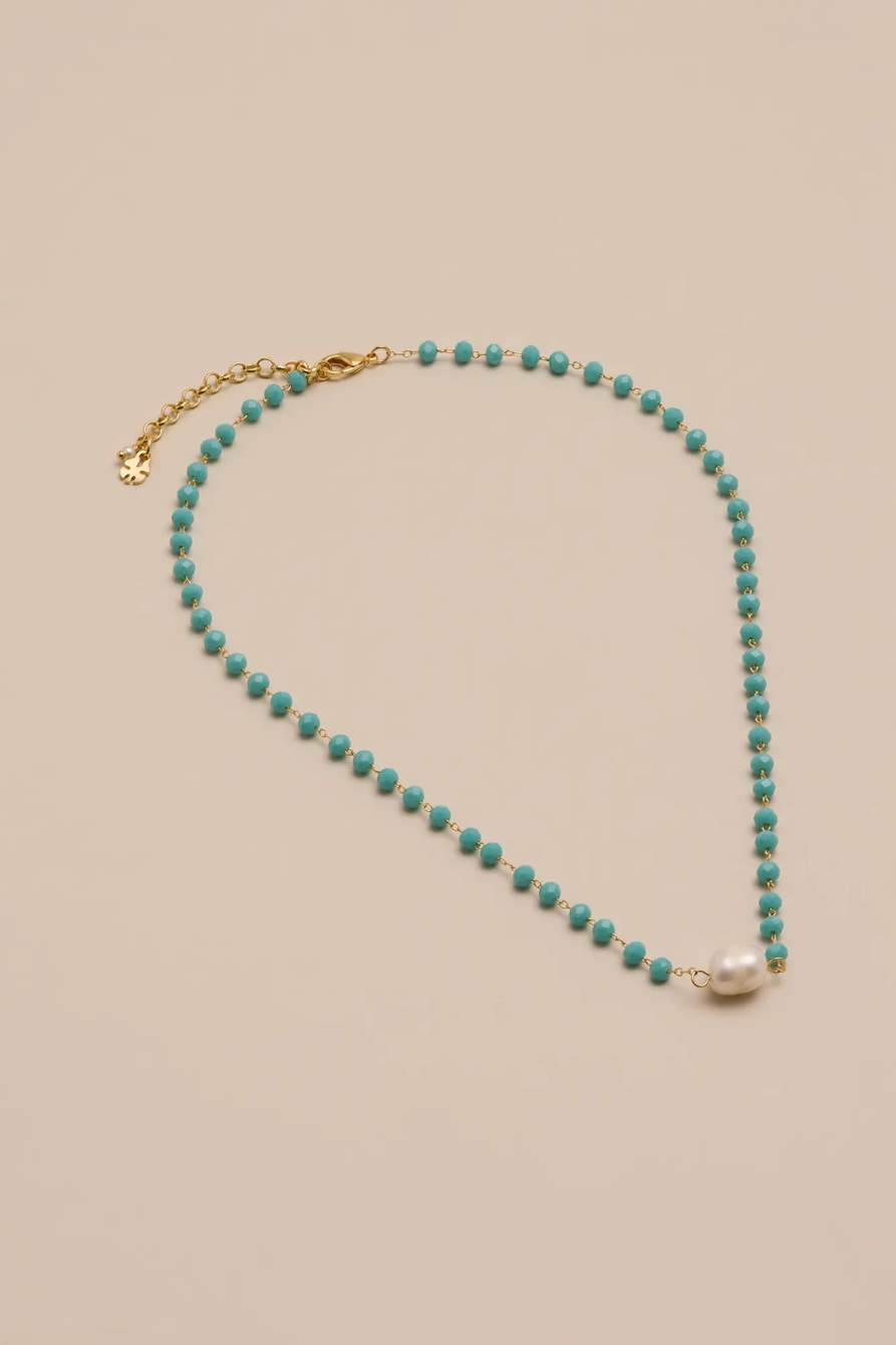 TURQ STONE NECKLACE W PEARL PENDANT — GOLD — image 1