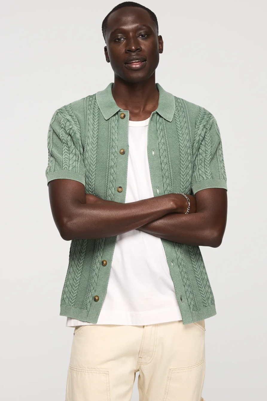 FISHERMAN CABLE BUTTON DOWN SWEATER — FROSTY SPRUCE — image 1