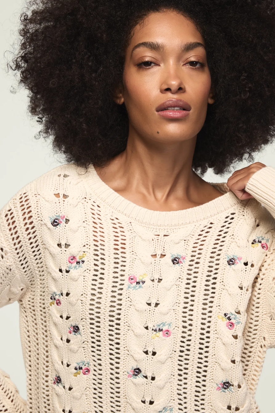 FLORAL EMBROIDERED CREW NECK SWEATER — WHITECAP GRAY — image 2