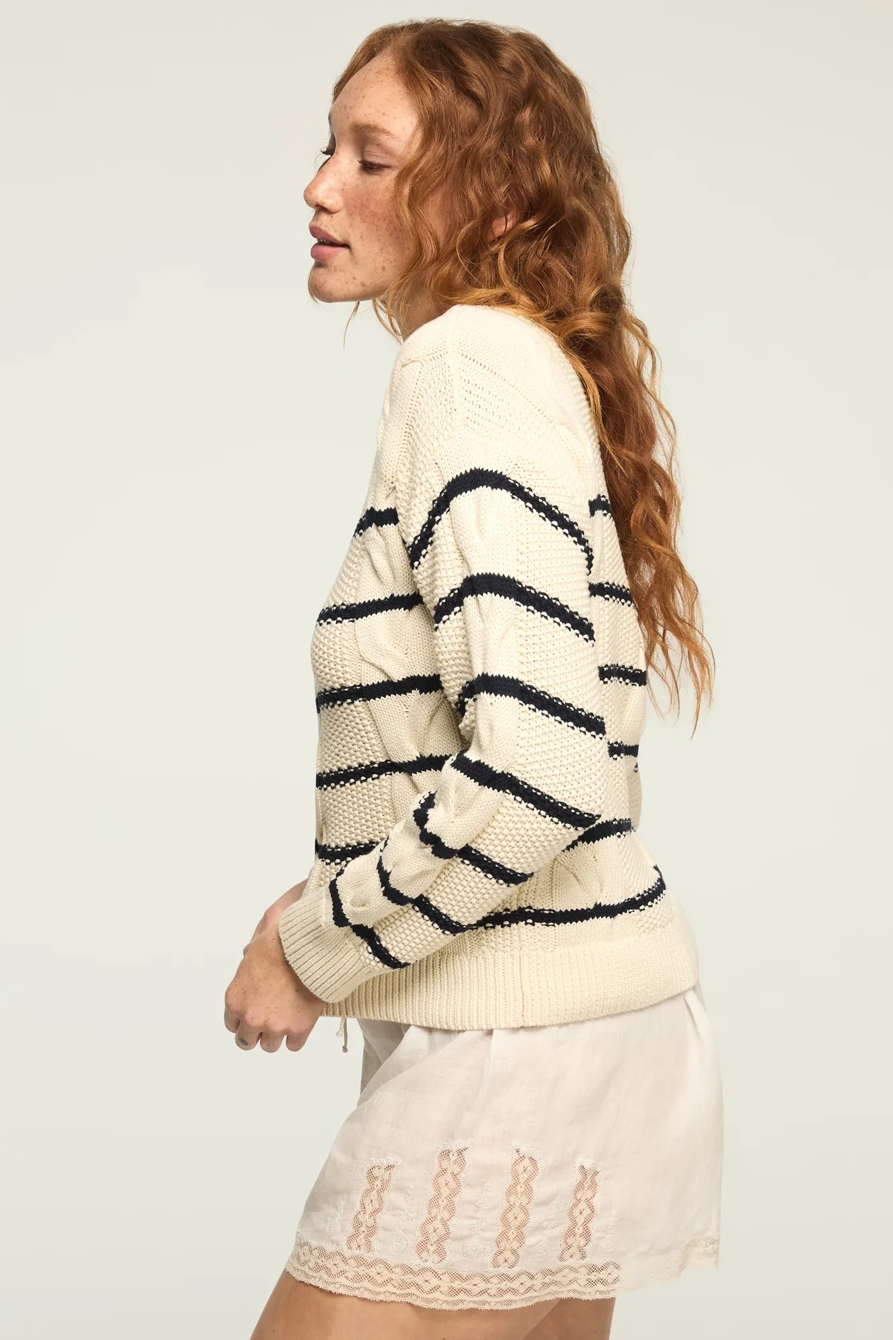 STRIPED CABLE CREW NECK SWEATER — TOFU — image 4