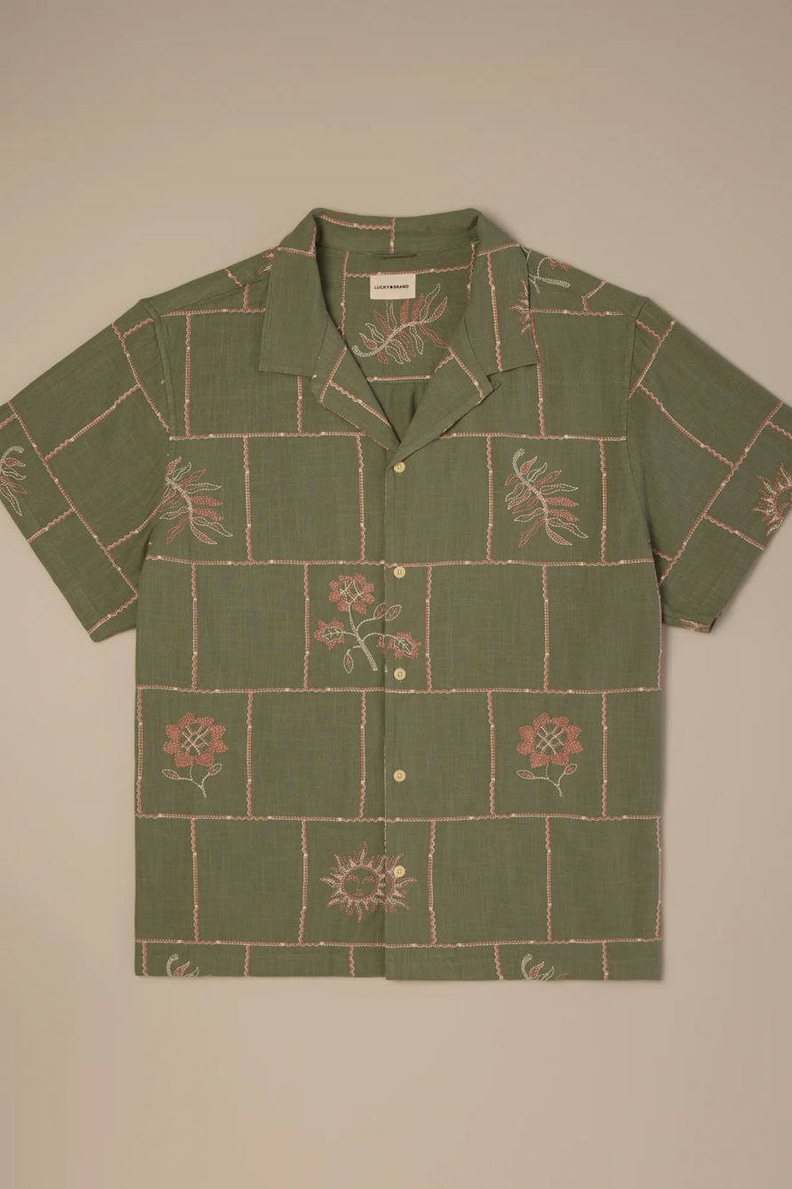 BIG AND TALL NOVELTY CAMP COLLAR SHIRT — OLIVE MULTI — image 1