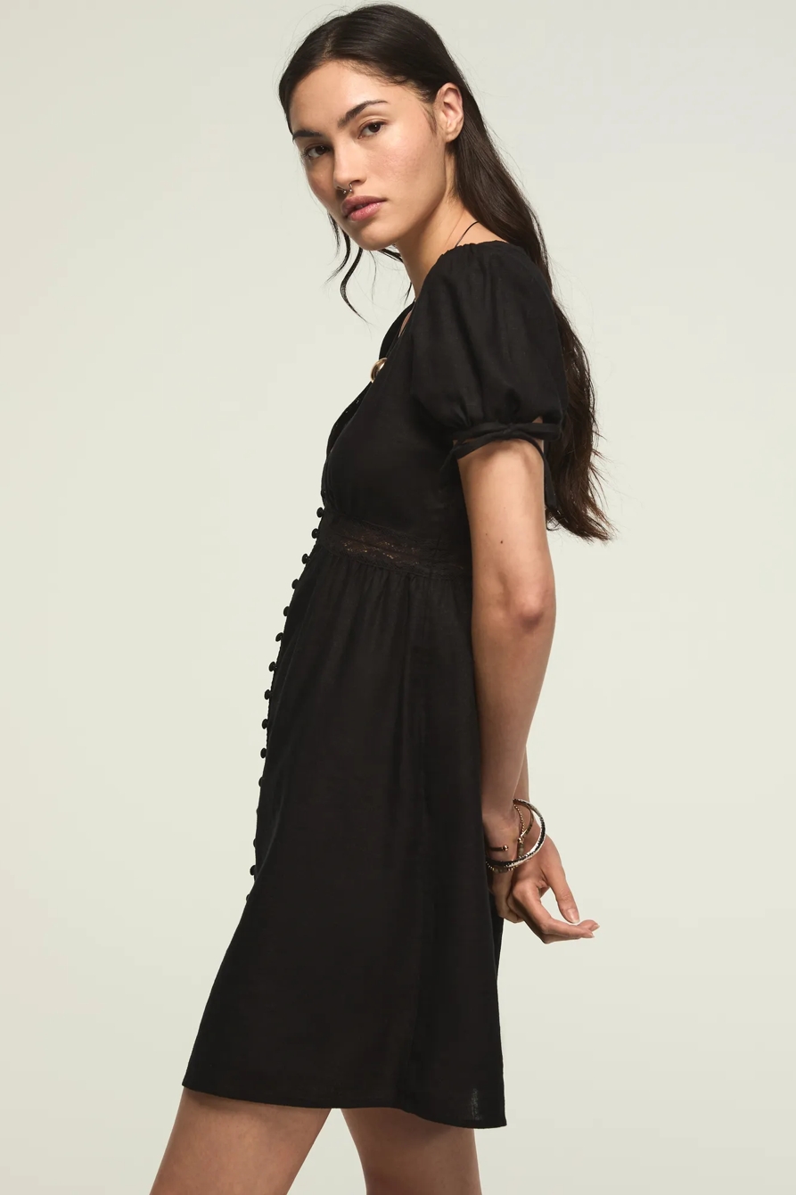 SHORT SLEEVE LACE BTTN THROUGH MINI DRESS — METEORITE — image 4