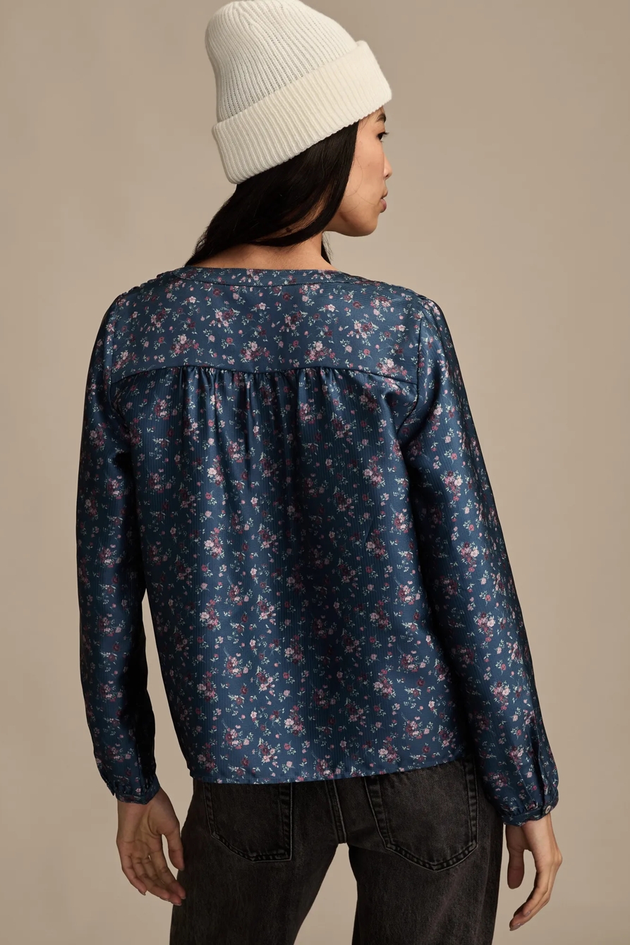 SMOCKED YOKE PEASANT TOP — BLUE FLORAL — image 3