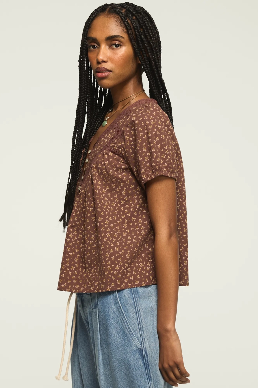 LACE HENLEY PEASANT BLOUSE — Brown Floral — image 4