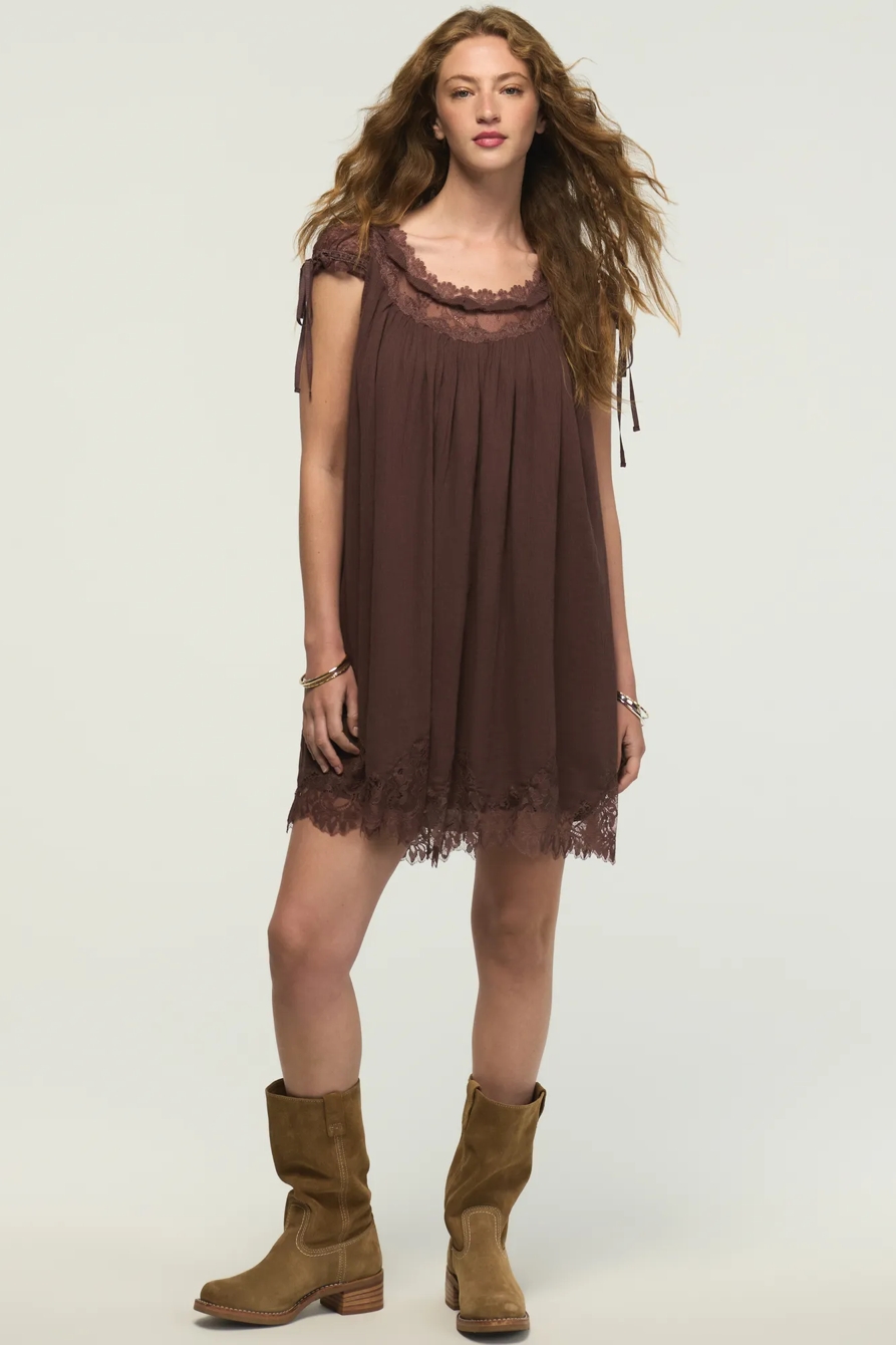 LACE BABYDOLL MINI DRESS — FRENCH ROAST — image 1