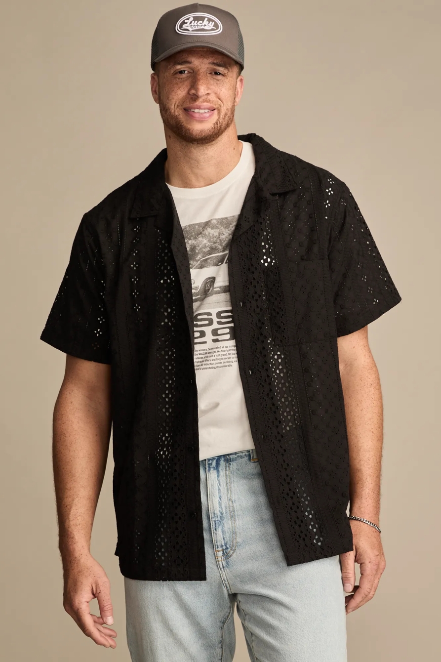 BIG & TALL SHORT SLEEVE EYELET CAMP COLLAR SHIRT — RAVEN — image 1