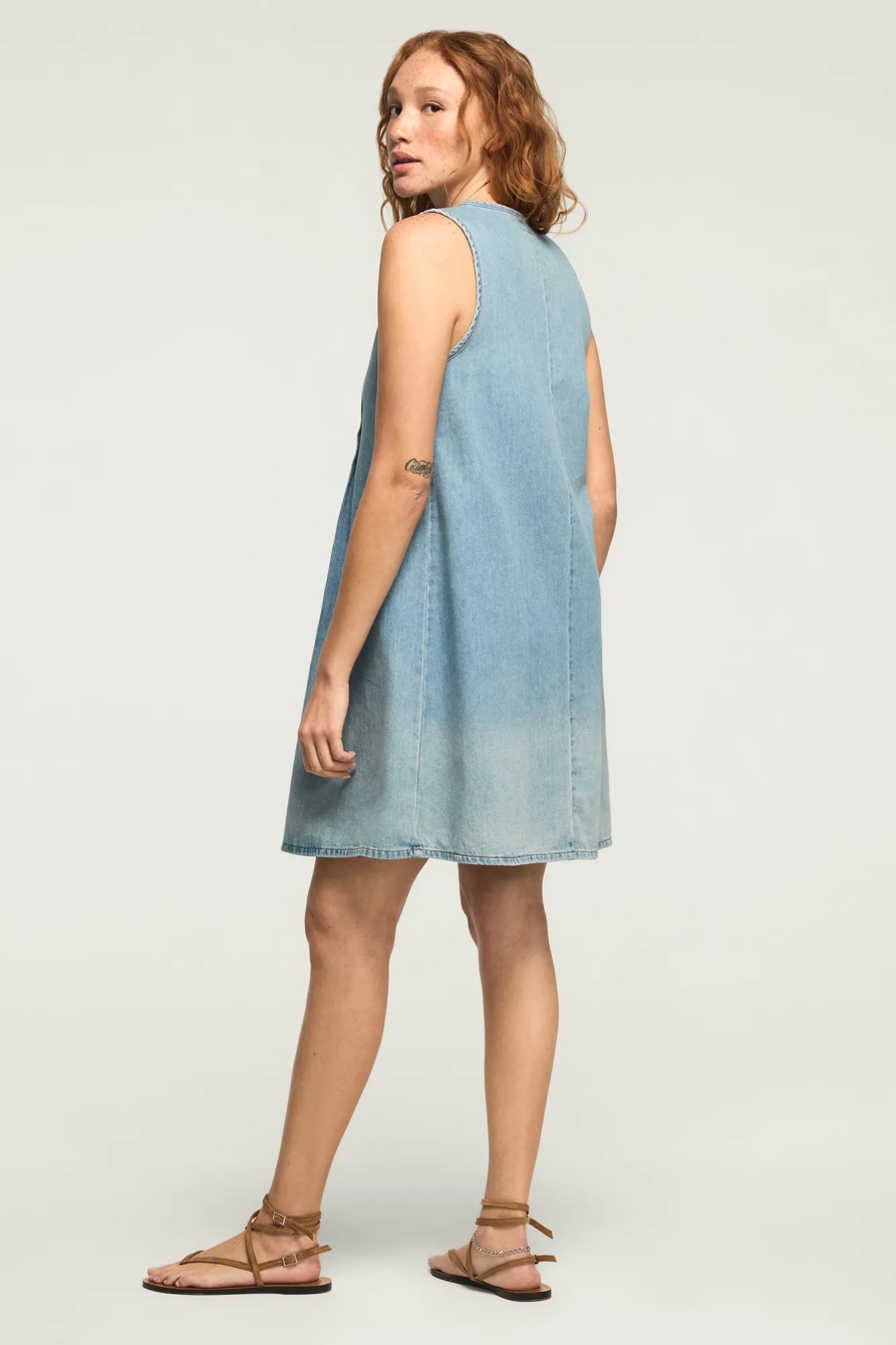 PLEATED DENIM MINI DRESS — NICE OUT WASH — image 3