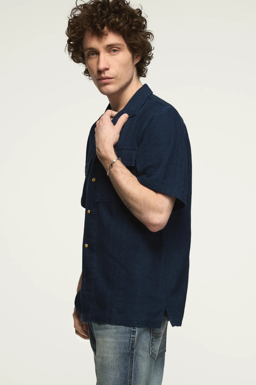 SHORT SLEEVE TEXTURED INDIGO SHIRT — INDIGO STRIPE — image 4