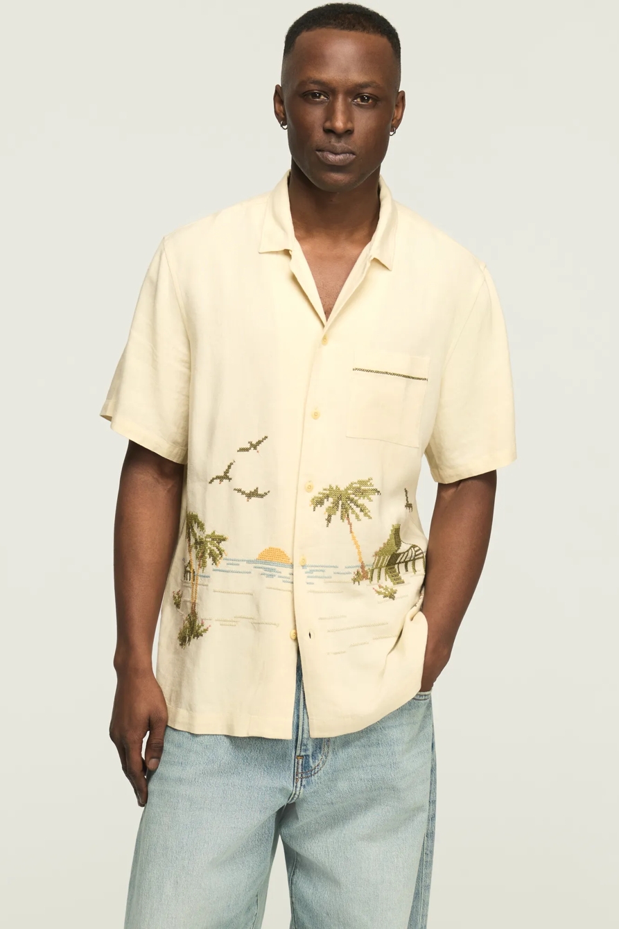 SHORT SLEEVE CROSS STITCH CAMP COLLAR SHIRT — NATURAL MULTI — image 1