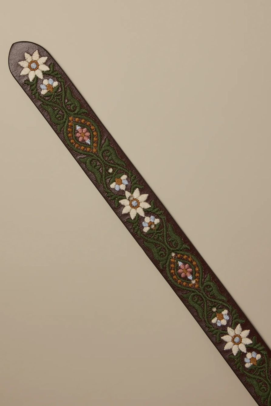 WHITE AND BLUE FLOWER EMBROIDERED BELT — DARK BROWN — image 2