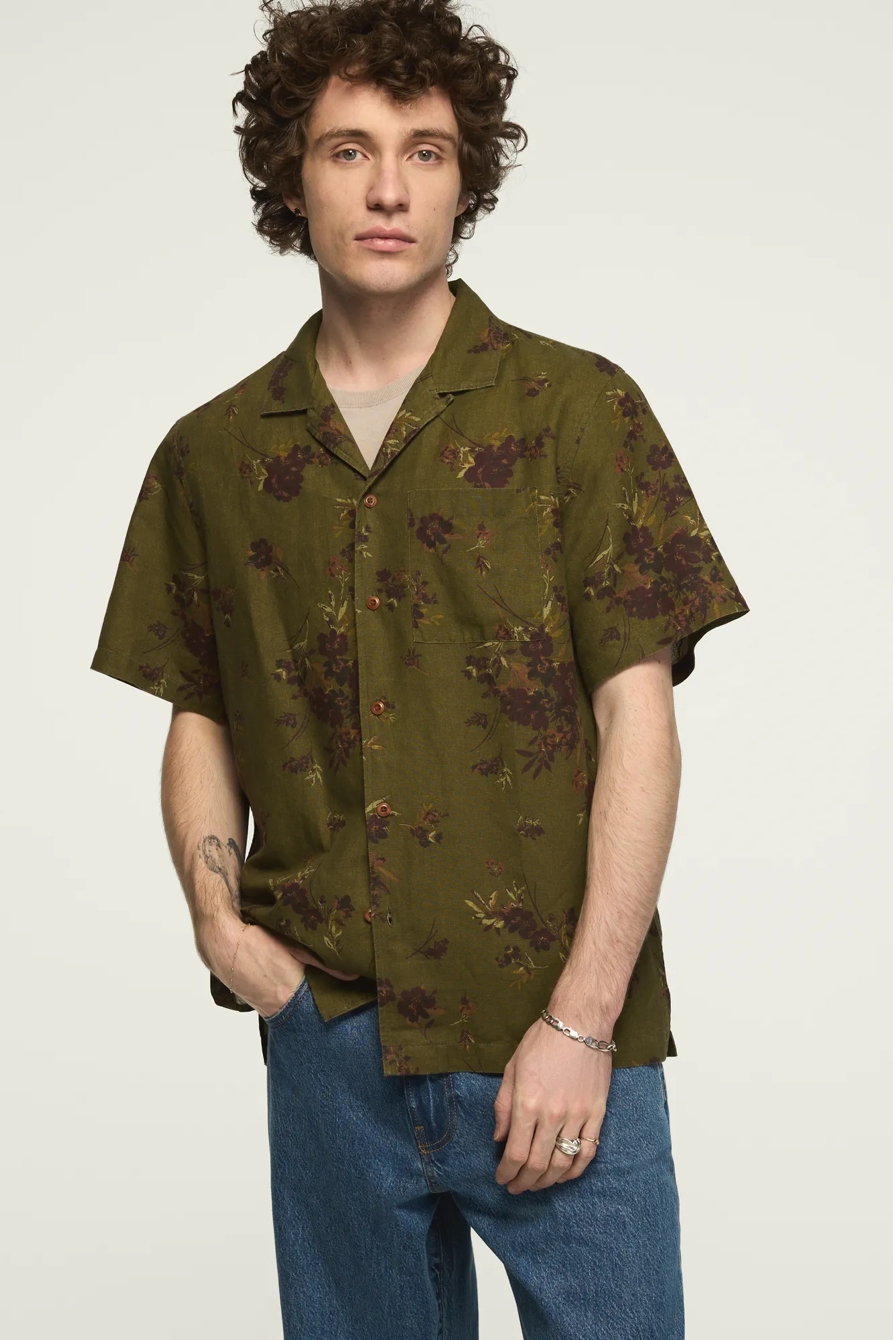 PRINTED SHORT SLEEVE CAMP COLLAR SHIRT — OLIVE PRINT — image 1