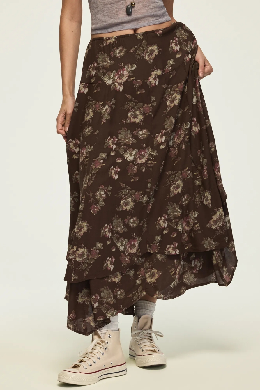 FLORAL DROP WAIST MIDI SKIRT — TAUPE FLORAL — image 4