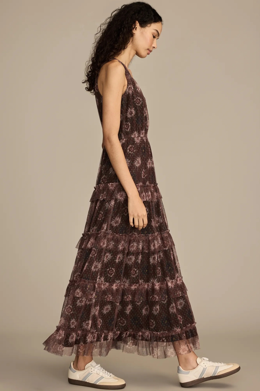 FLORAL MESH TIERED MIDI DRESS — Black Floral — image 4