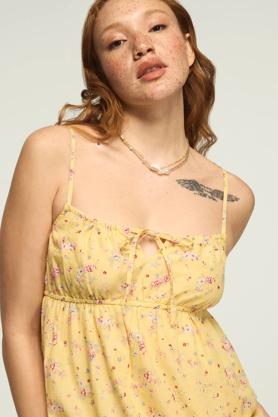 PRINTED EYELET TIERED MIDI DRESS — Yellow Floral — image 5