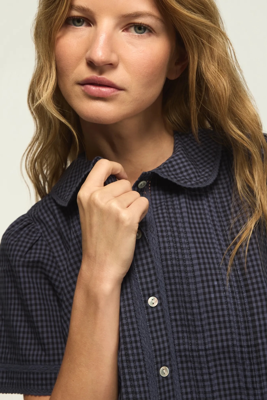SHORT SLEEVE PETER PAN BLOUSE — NAVY GINGHAM — image 6