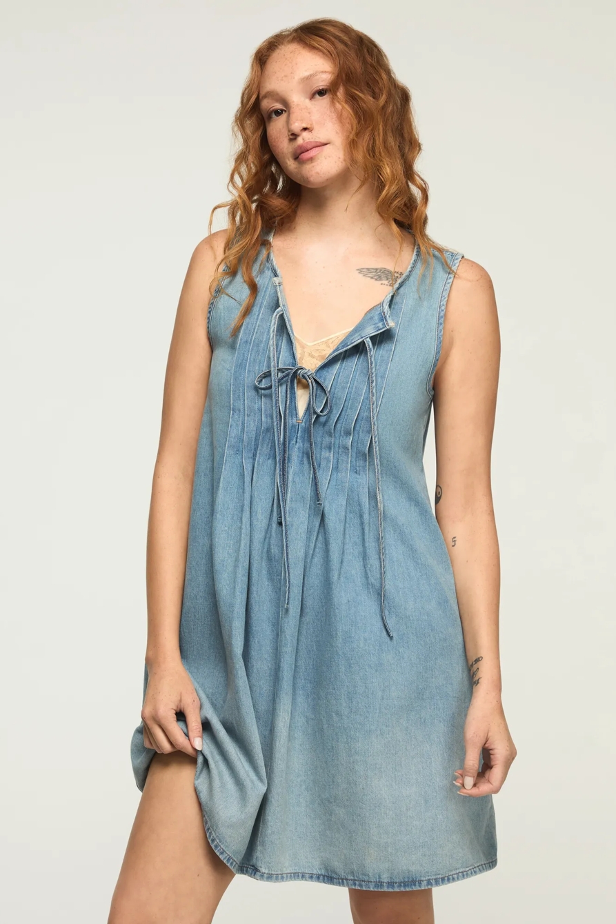 PLEATED DENIM MINI DRESS — NICE OUT WASH — image 1