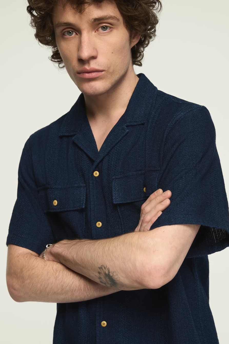 SHORT SLEEVE TEXTURED INDIGO SHIRT — INDIGO STRIPE — image 5