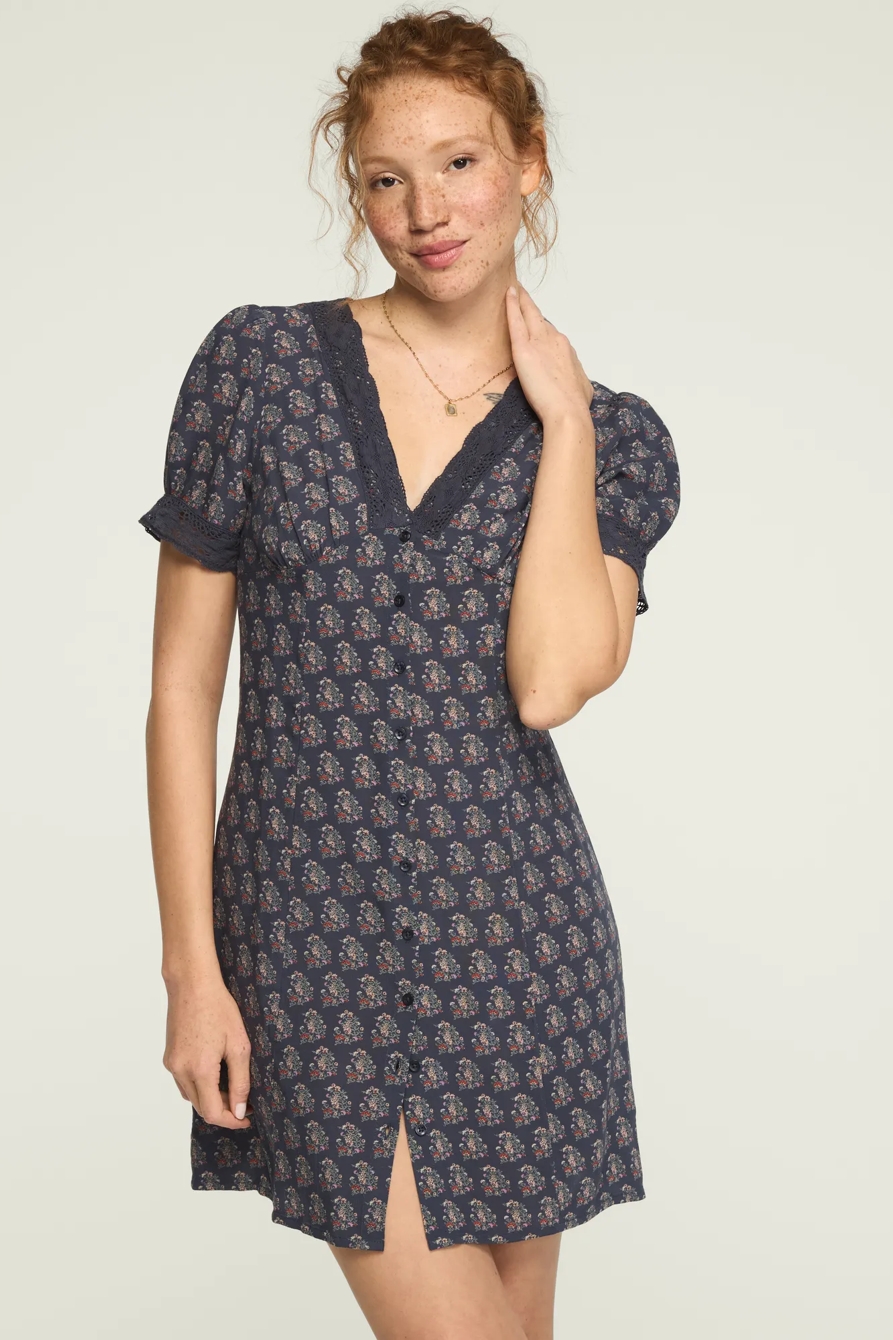 LACE TRIMMED SHORT SLEEVE MINI DRESS — NAVY FLORAL — image 1