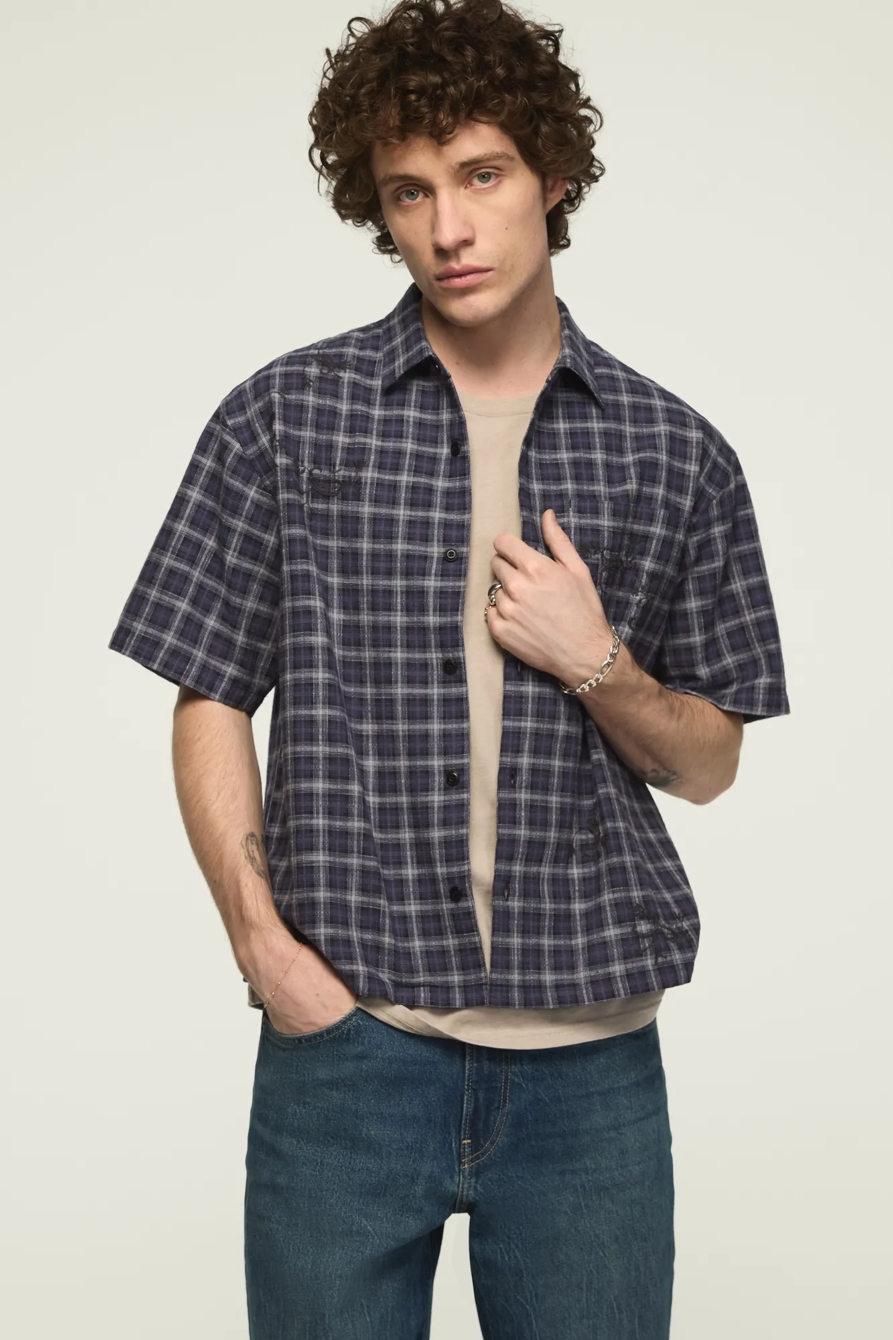 EMBROIDERED PLAID SHORT SLEEVE BOXY SHIRT — NAVY MULTI PLAID — image 1